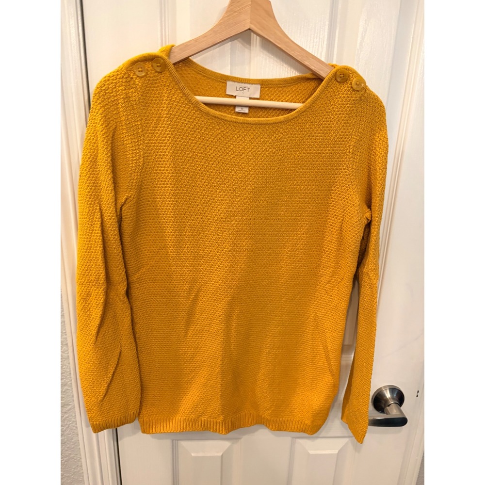 Loft Sweater Mustard Yellow Textured Button Shoulder Popcorn Knit Pullover